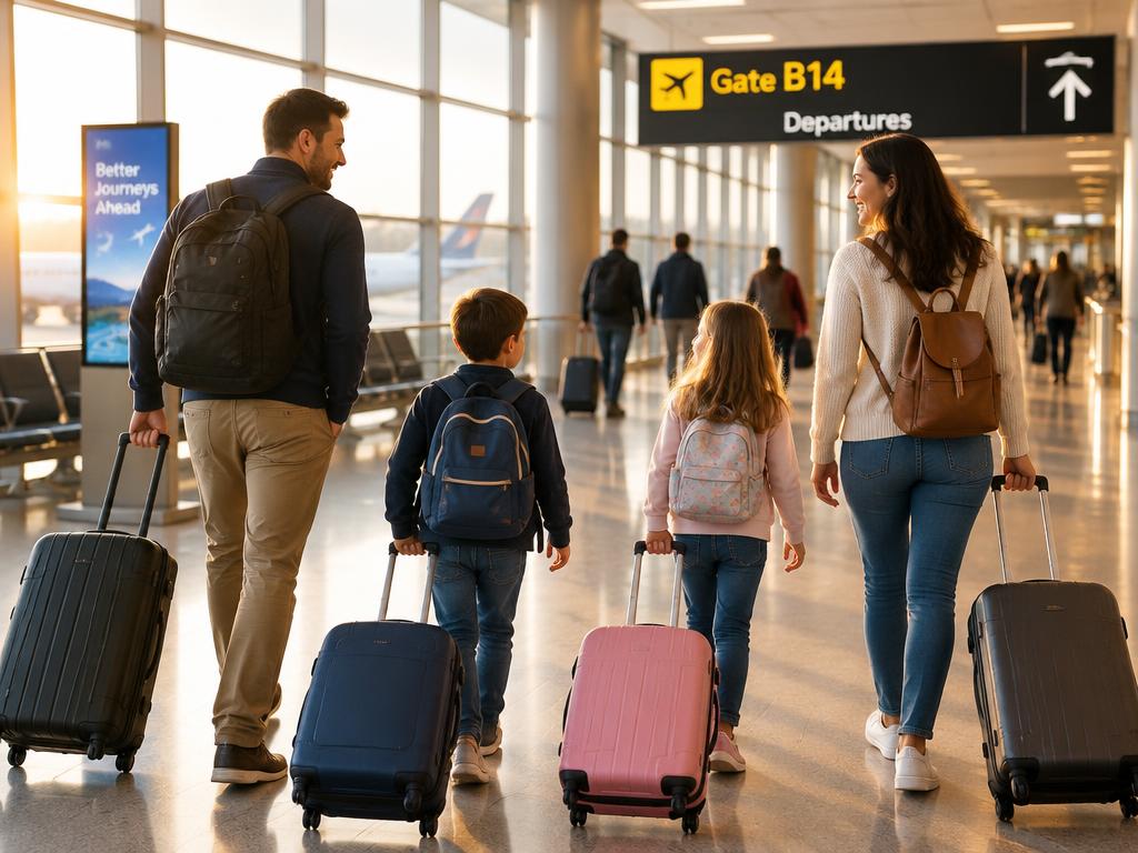Familie mit Koffern auf dem Weg zum Abflug-Gate