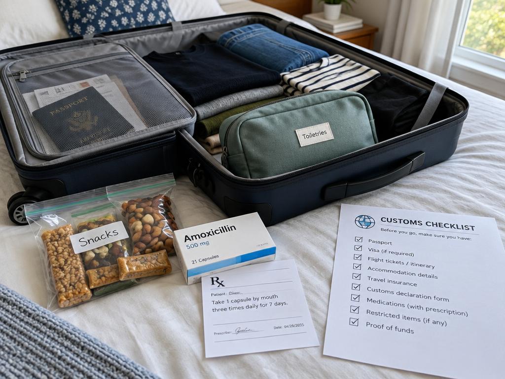 Gepackter Koffer mit Reisepass, Medikamenten mit Rezept, Snacks und Zoll-Checkliste