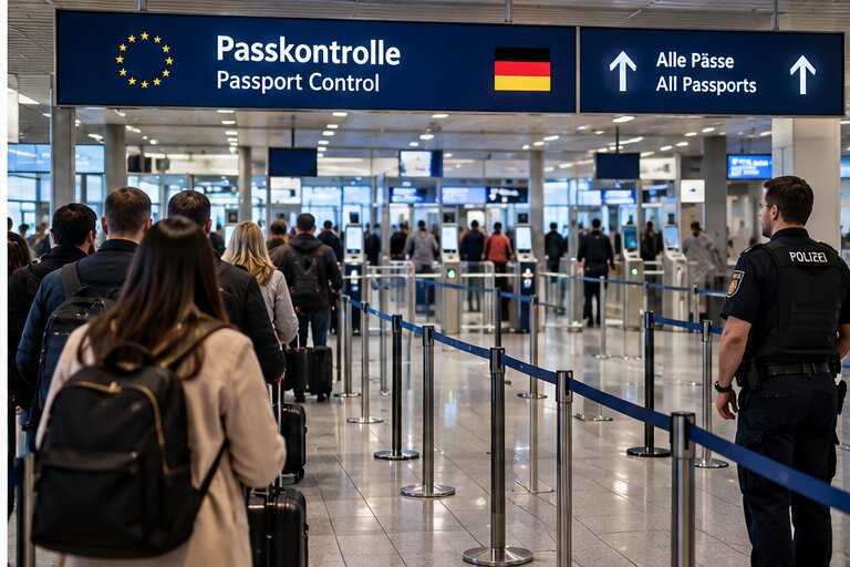 Reisende in der Warteschlange an der Passkontrolle eines deutschen Flughafens