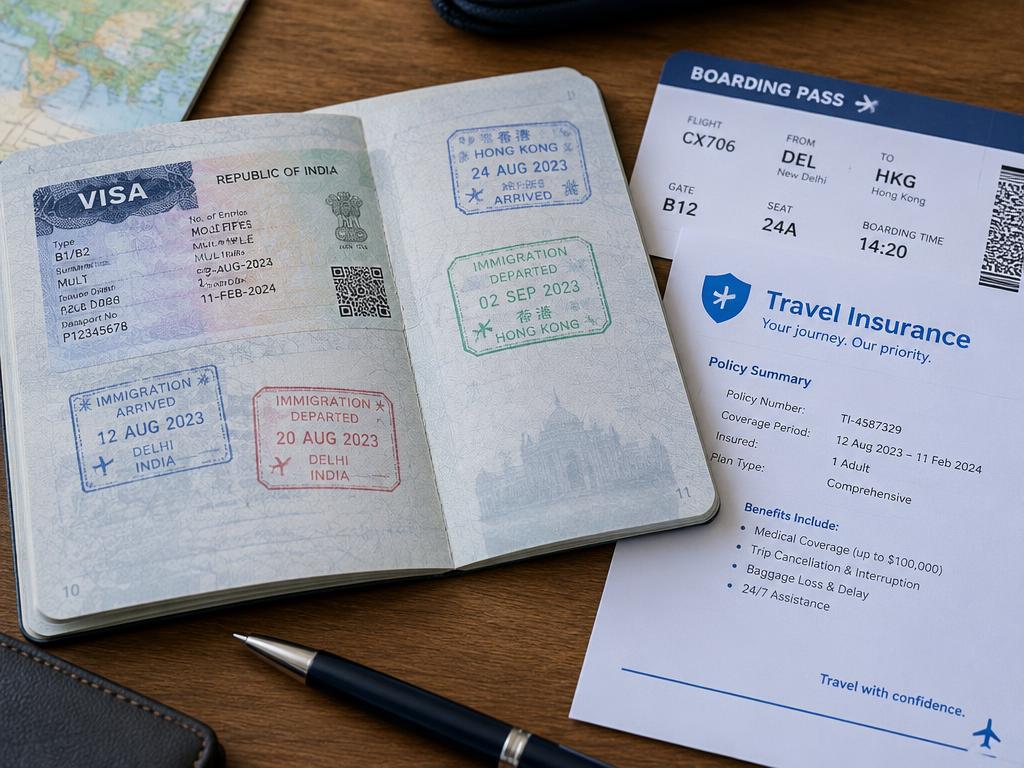 Reisepass mit Visum und Stempeln neben Bordkarte und Versicherungsunterlagen